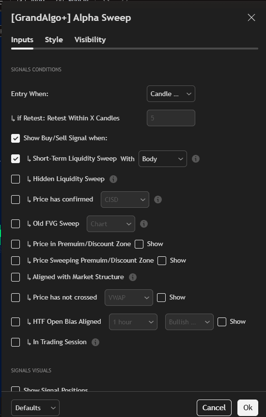 Alpha Sweep TradingView settings panel, part 1 of 4