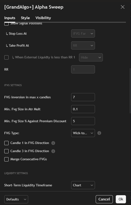 Alpha Sweep TradingView settings panel, part 2 of 4