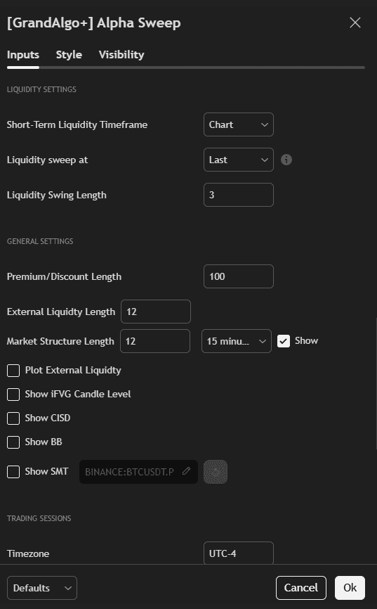 Alpha Sweep TradingView settings panel, part 3 of 4